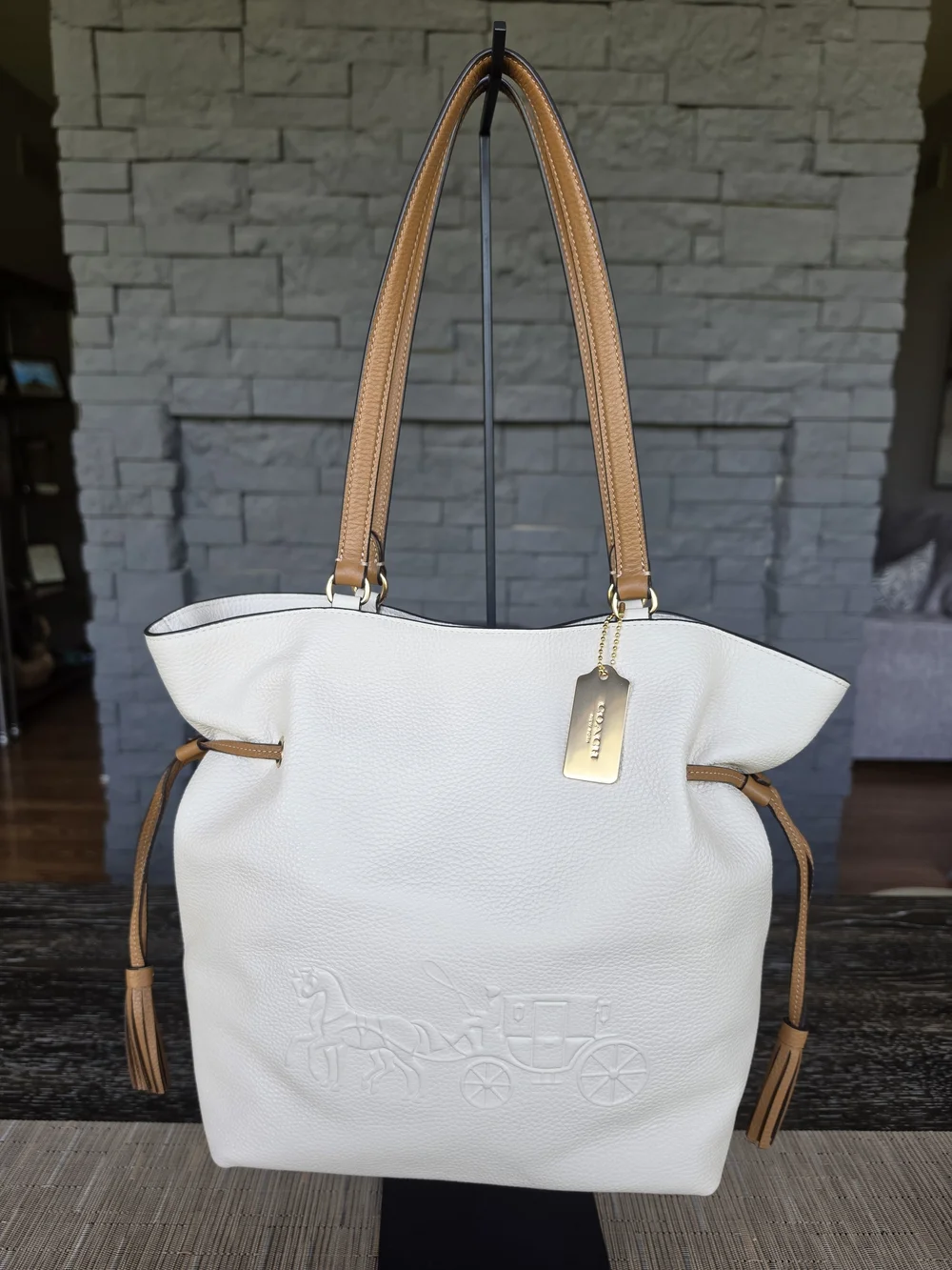 Coach Andy Leather Tote Bag with Carriage - Off-White with Tan Handles